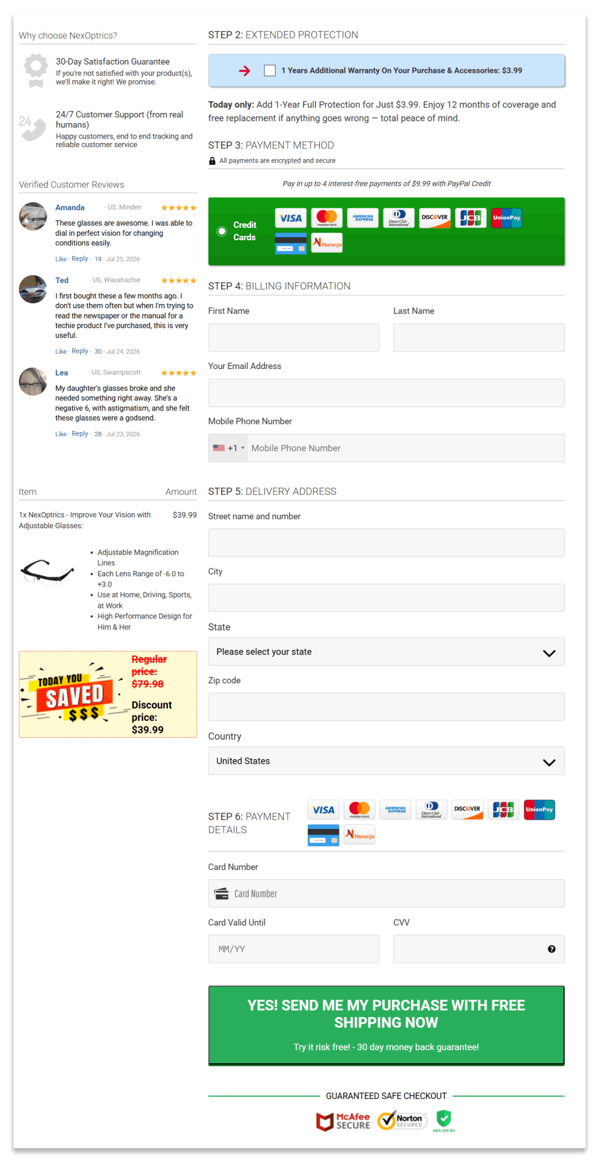 NexOptrics Adjustable Glasses Secure Checkout Page